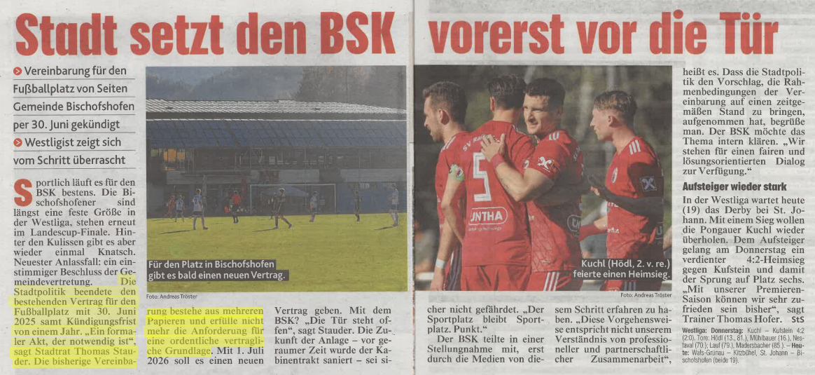 Zeitungsbericht: „Stadt setzt den BSK vorerst vor die Tür“, mit dem Zitat von Stadtrat Thomas Stauder