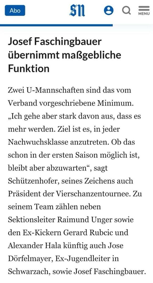 Bericht der Salzburger Nachrichten über die neue Funktion von Josef Faschingbauer