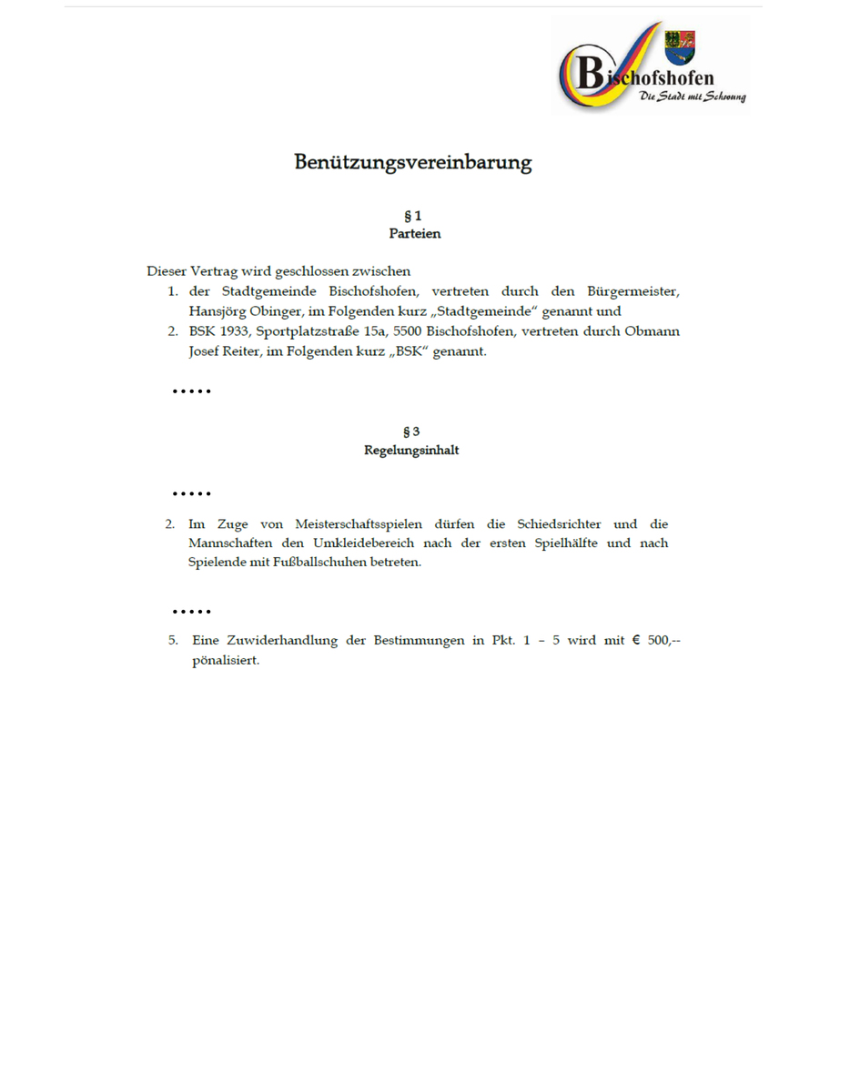 Auszug aus der Benützungsvereinbarung zwischen Stadtgemeinde Bischofshofen und BSK 1933